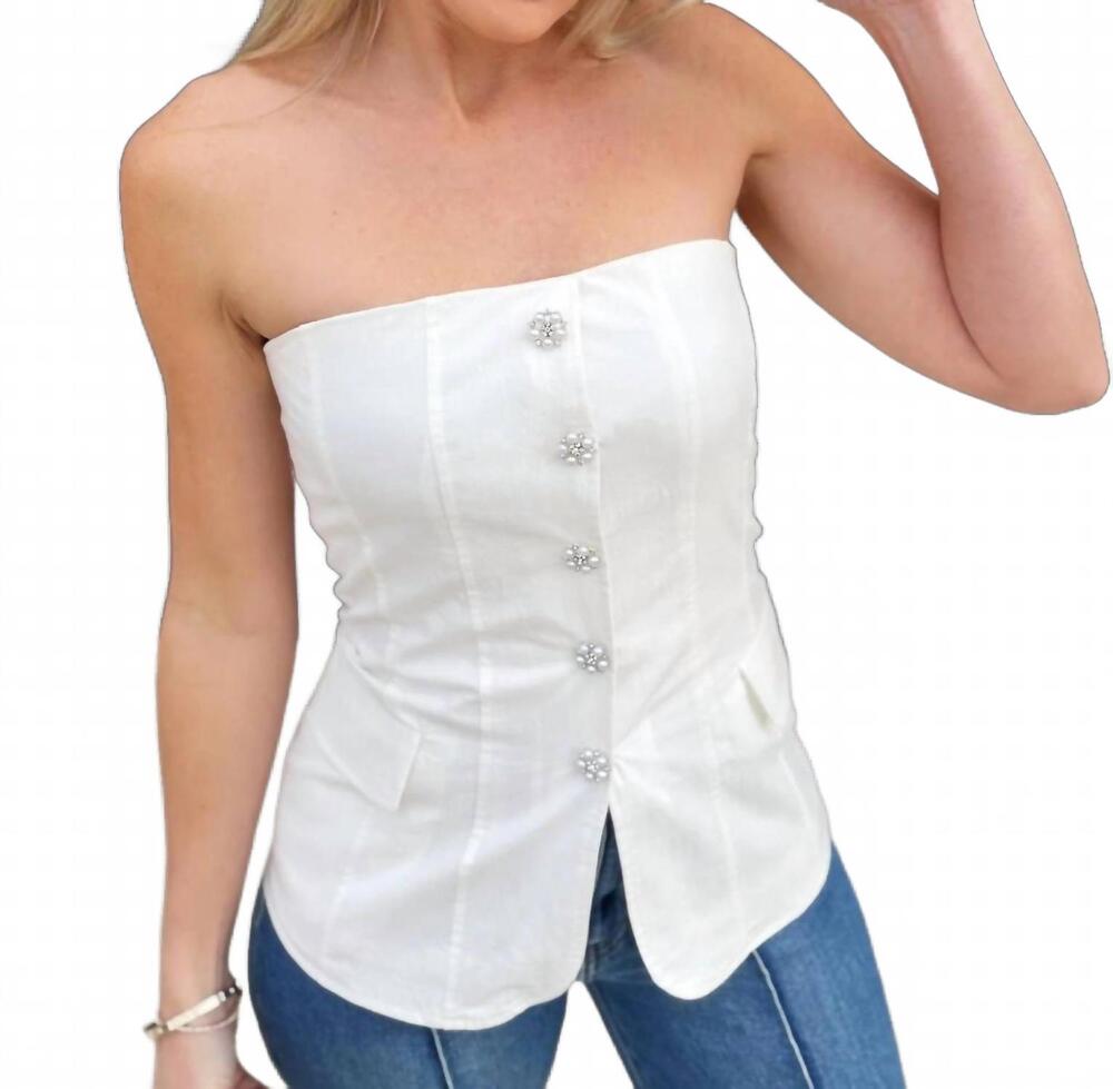 NEW BLUE B women's twill rhinestone button tube top in white